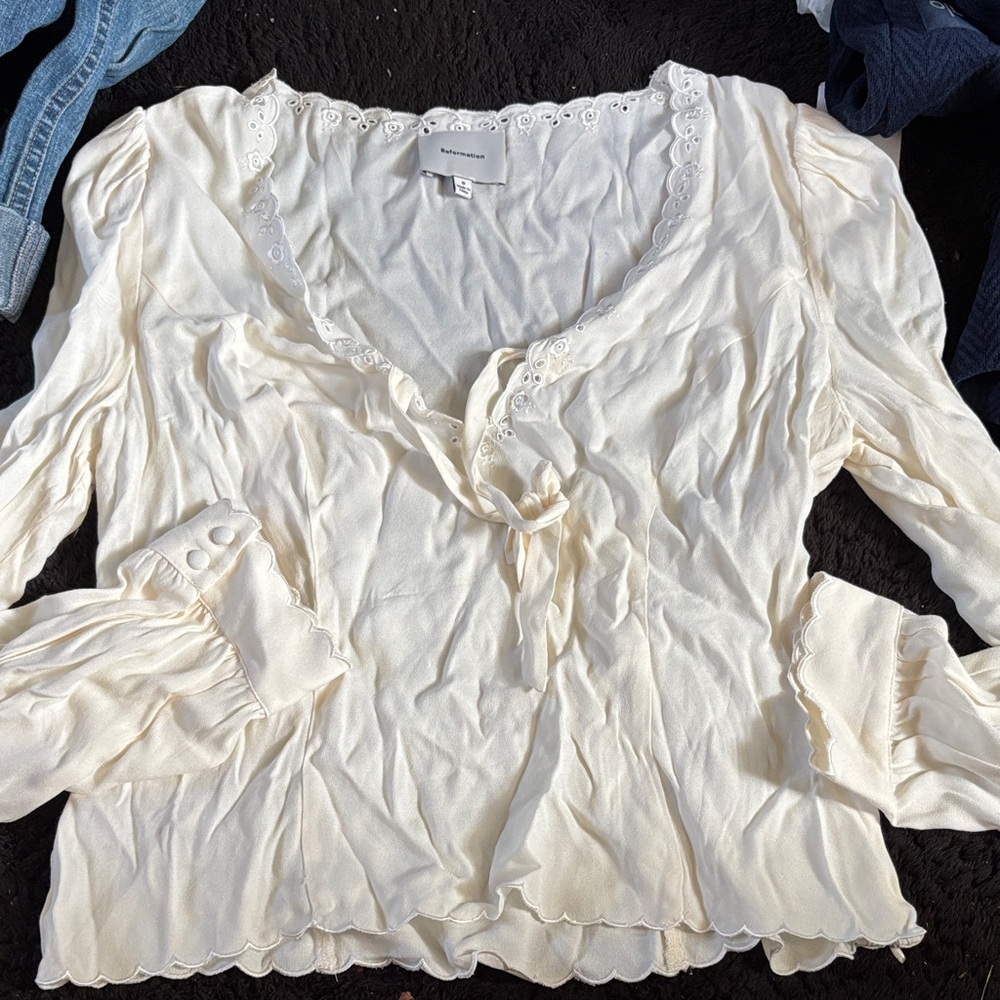 Reformation Cream Eyelet-Trim Peasant Blouse
